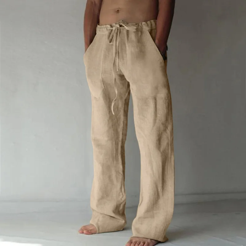 Men's Cotton Long Pants Summer Solid Color Breathable Trousers Male Casual Elastic Waist Casual Pants Harajuku Trous