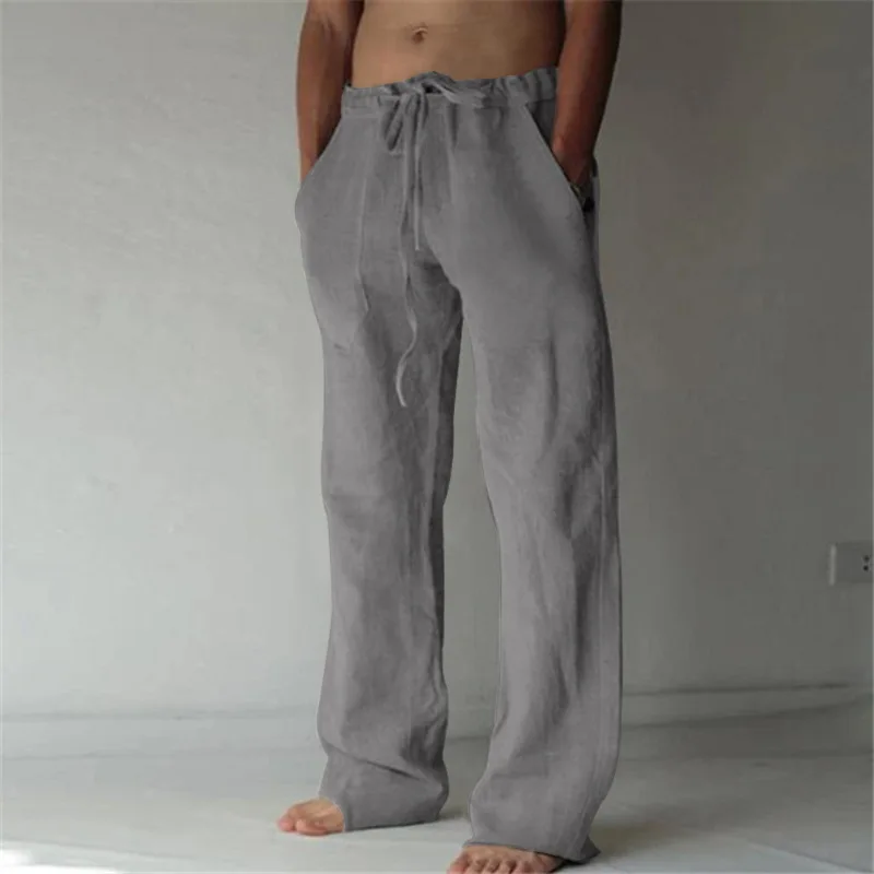 Men's Cotton Long Pants Summer Solid Color Breathable Trousers Male Casual Elastic Waist Casual Pants Harajuku Trous