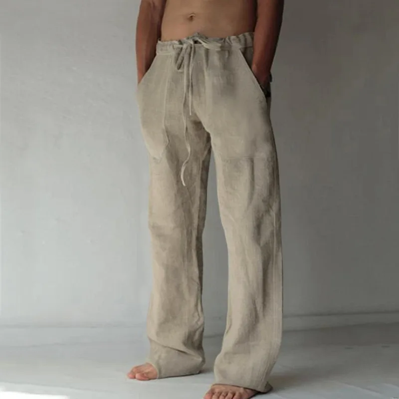 Men's Cotton Long Pants Summer Solid Color Breathable Trousers Male Casual Elastic Waist Casual Pants Harajuku Trous