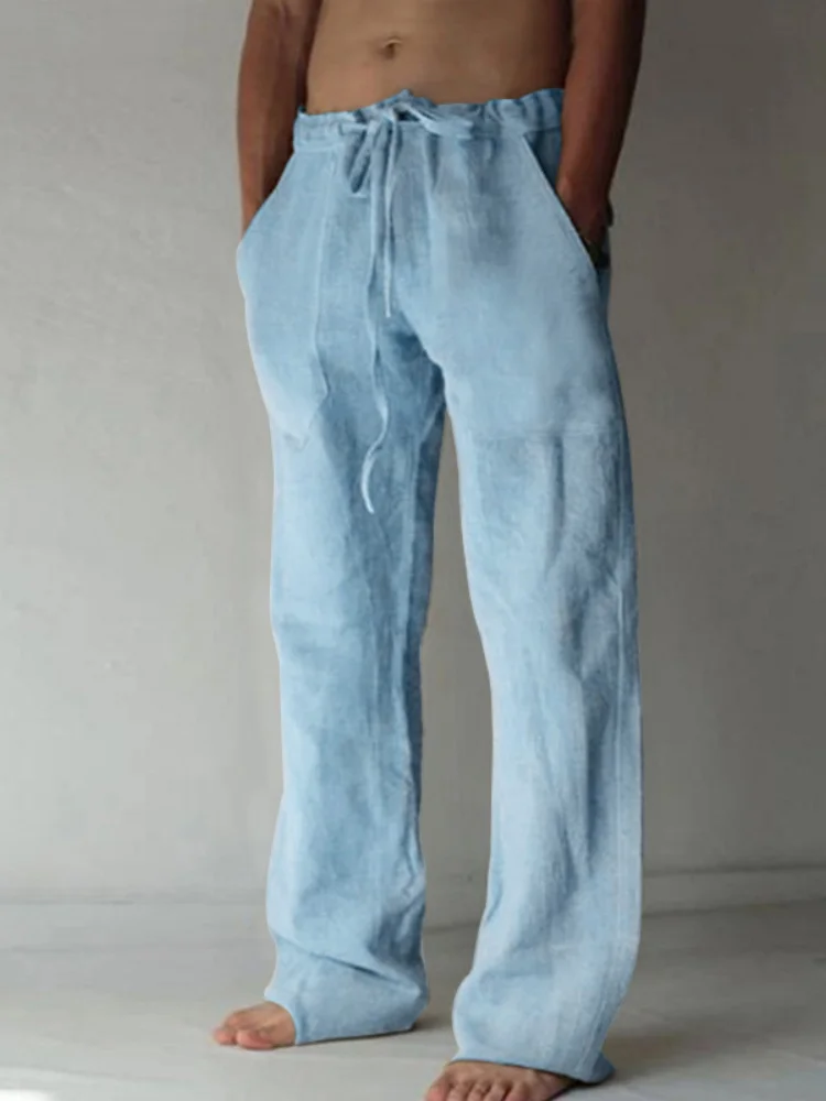 Men's Cotton Long Pants Summer Solid Color Breathable Trousers Male Casual Elastic Waist Casual Pants Harajuku Trous