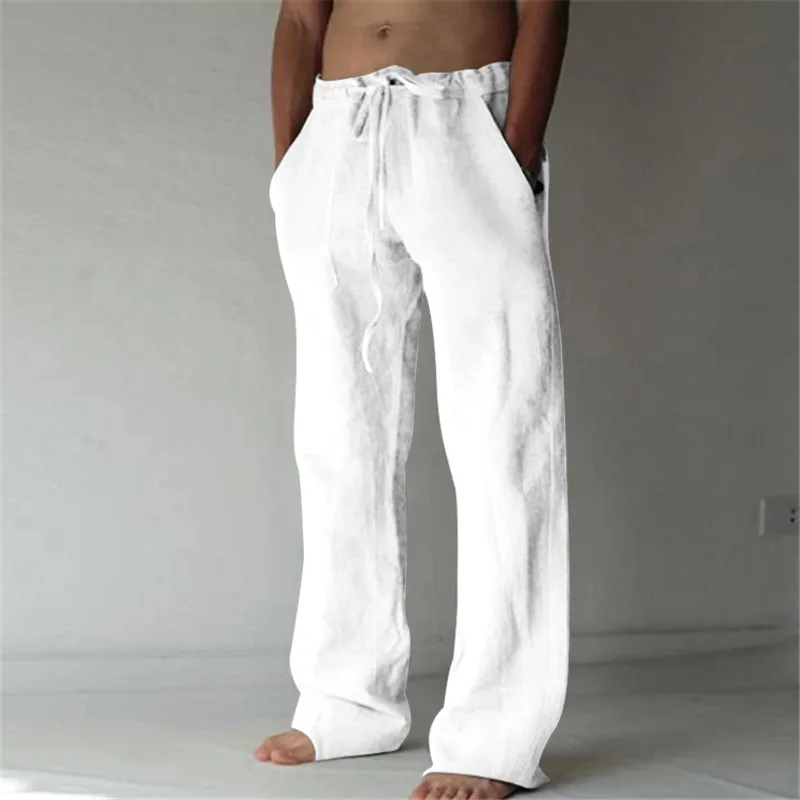 Men's Cotton Long Pants Summer Solid Color Breathable Trousers Male Casual Elastic Waist Casual Pants Harajuku Trous