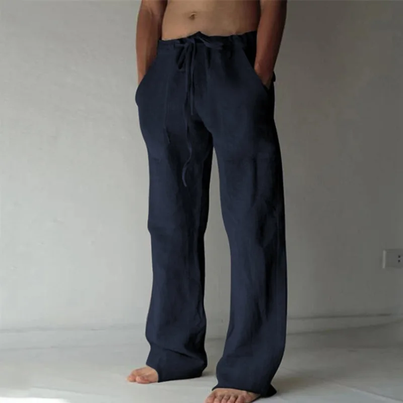 Men's Cotton Long Pants Summer Solid Color Breathable Trousers Male Casual Elastic Waist Casual Pants Harajuku Trous