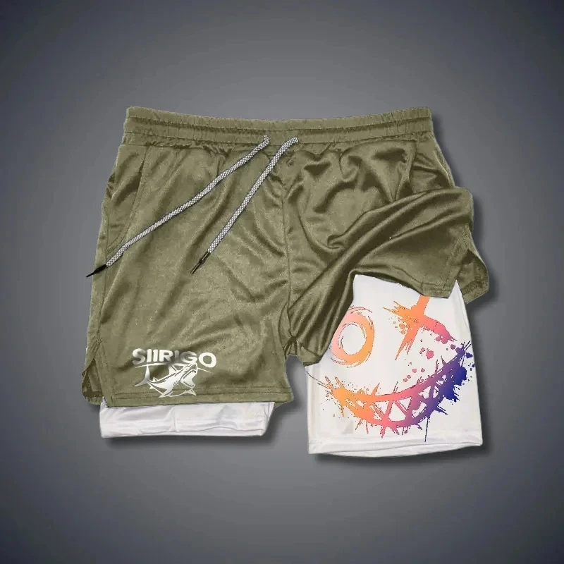 2024 Men's Smiling Face Printed Fitness Shorts Double-Layer 2-in-1 Quick Drying Fitness Outdoor Leisure Training Sports Shorts