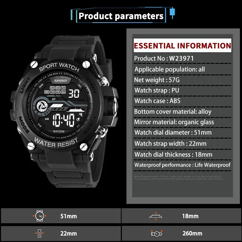 YIKAZE Men's Sports Watch Waterproof Man Sport Watches Multifuction LED Digital Military Watch Alarm Clock Electronic Wristwatch