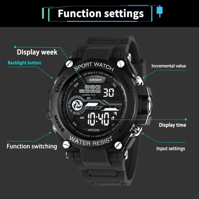YIKAZE Men's Sports Watch Waterproof Man Sport Watches Multifuction LED Digital Military Watch Alarm Clock Electronic Wristwatch
