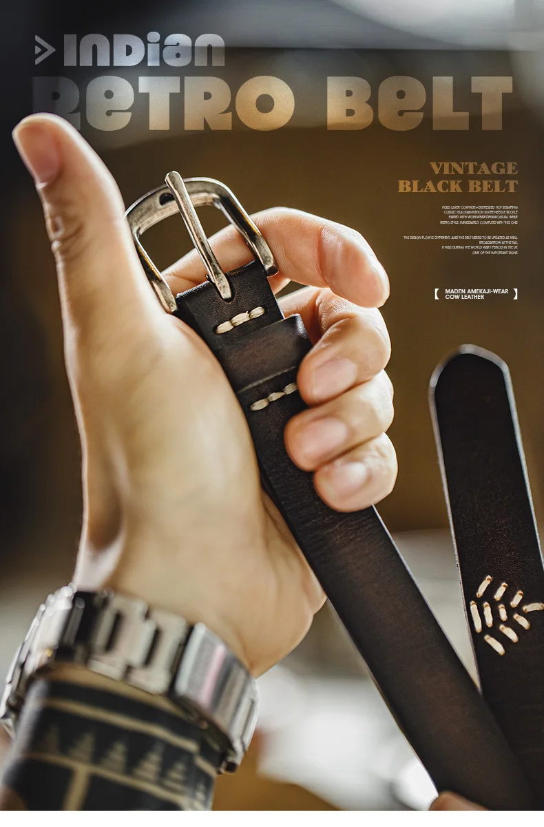 Maden Men's New Retro Black Solid Color Versatile Daily Genuine Leather First Layer Cowhide Belt
