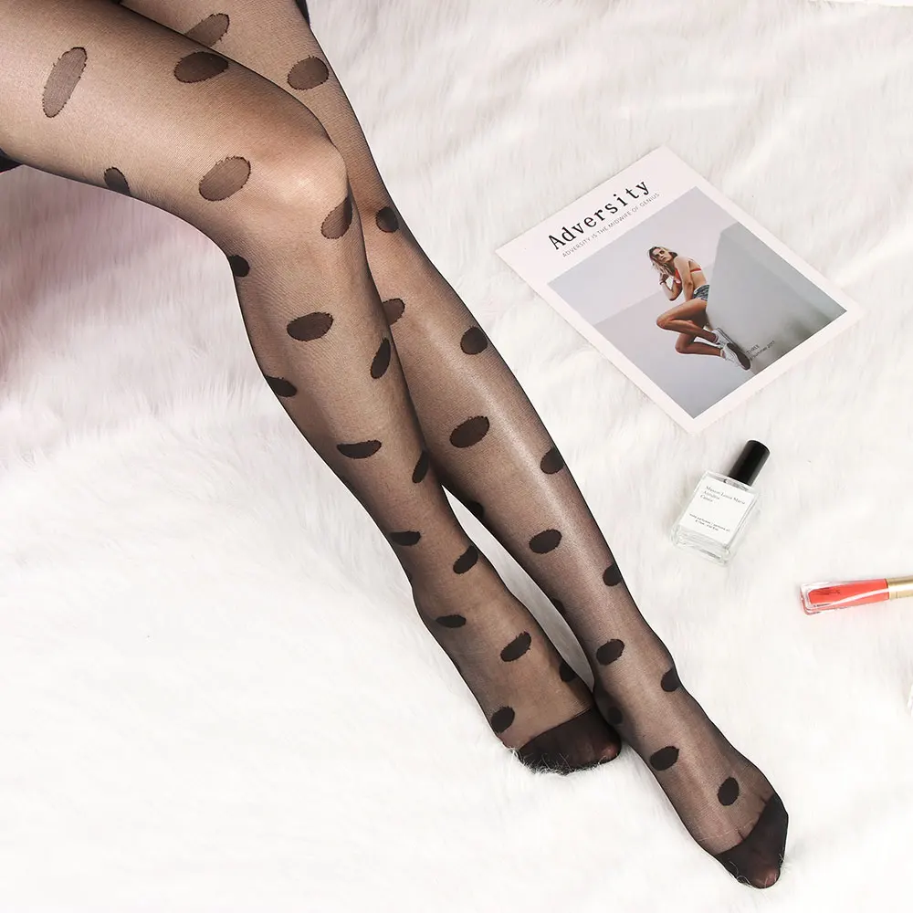 Sexy Women Love Dot Embroidery Silk Stocking Thin Vintage Faux Tattoo Thigh Sheer Pantyhose Female Elastic Hosiery Girls Tights