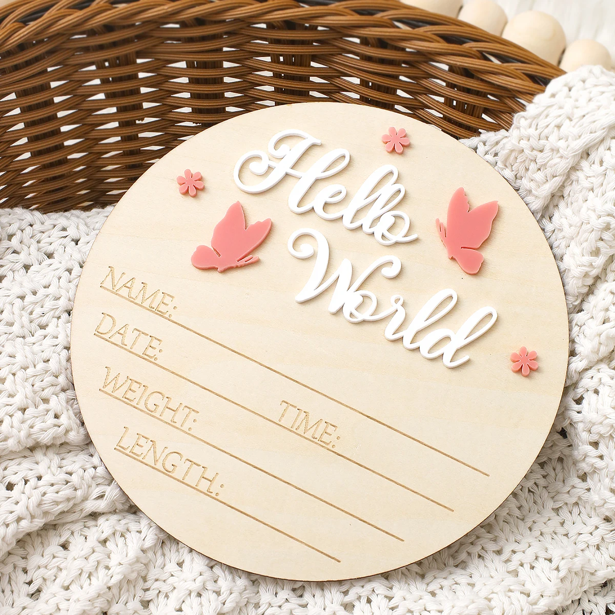 Ylsteed Hello World Newborn Name Sign Wooden Baby Announcement Sign Butterfly Arrival Announcement Sign for Hospital Baby Props