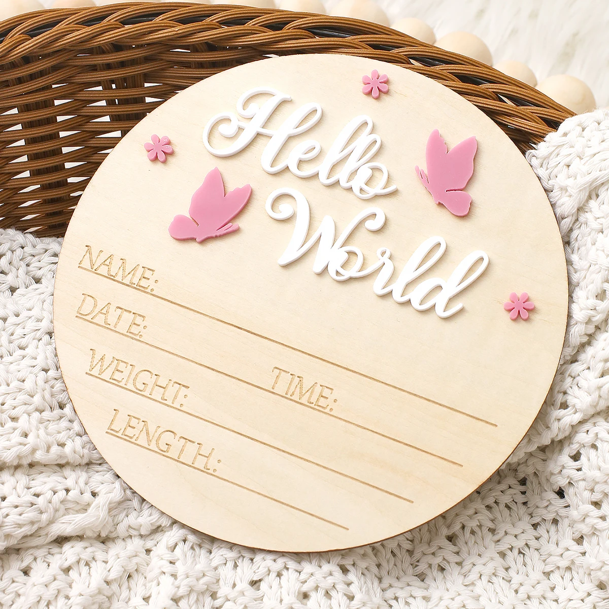 Ylsteed Hello World Newborn Name Sign Wooden Baby Announcement Sign Butterfly Arrival Announcement Sign for Hospital Baby Props