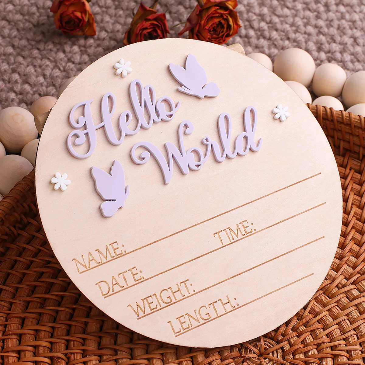 Ylsteed Hello World Newborn Name Sign Wooden Baby Announcement Sign Butterfly Arrival Announcement Sign for Hospital Baby Props