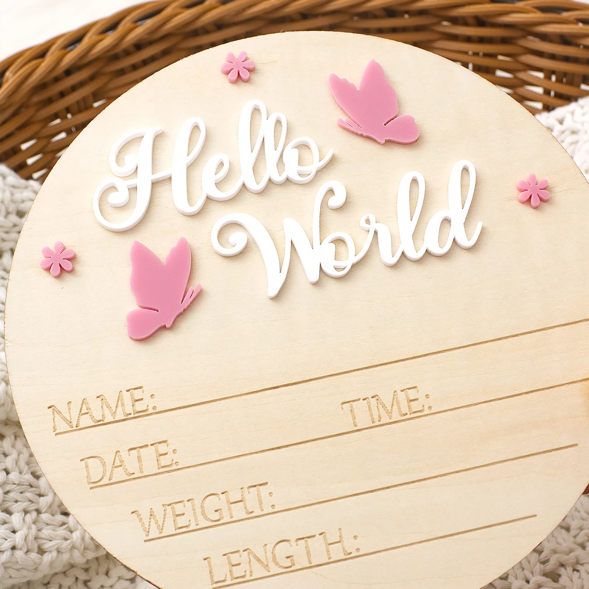 Ylsteed Hello World Newborn Name Sign Wooden Baby Announcement Sign Butterfly Arrival Announcement Sign for Hospital Baby Props