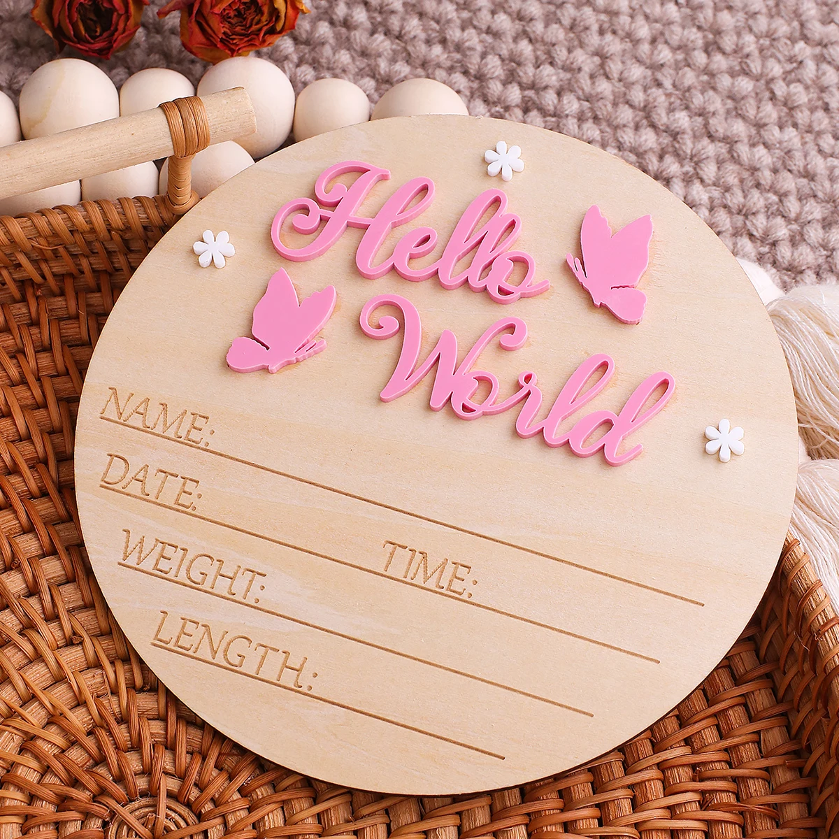 Ylsteed Hello World Newborn Name Sign Wooden Baby Announcement Sign Butterfly Arrival Announcement Sign for Hospital Baby Props