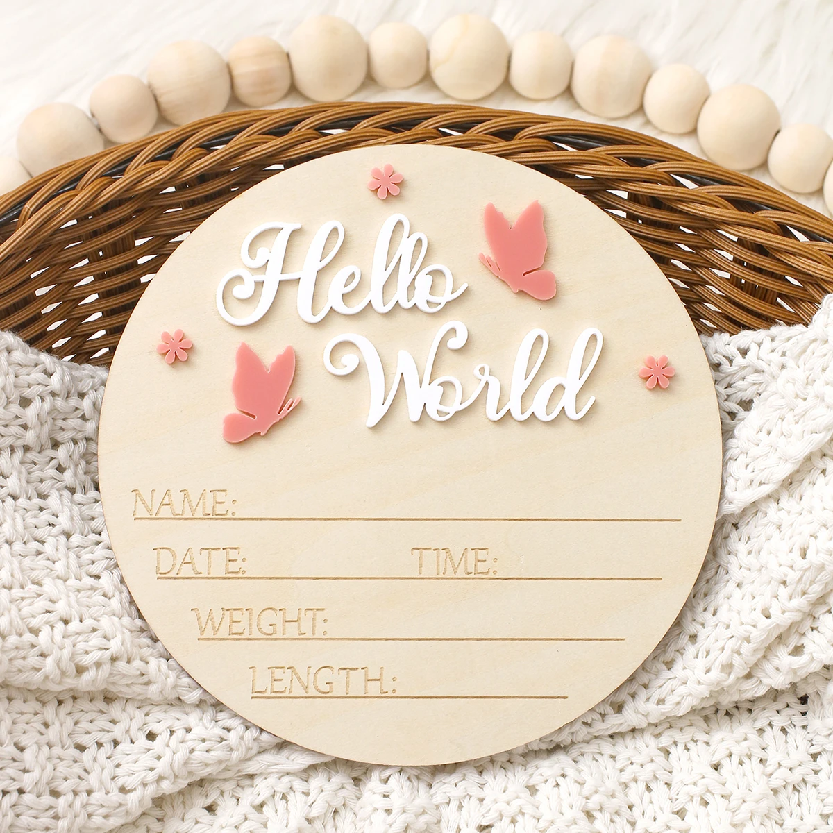 Ylsteed Hello World Newborn Name Sign Wooden Baby Announcement Sign Butterfly Arrival Announcement Sign for Hospital Baby Props