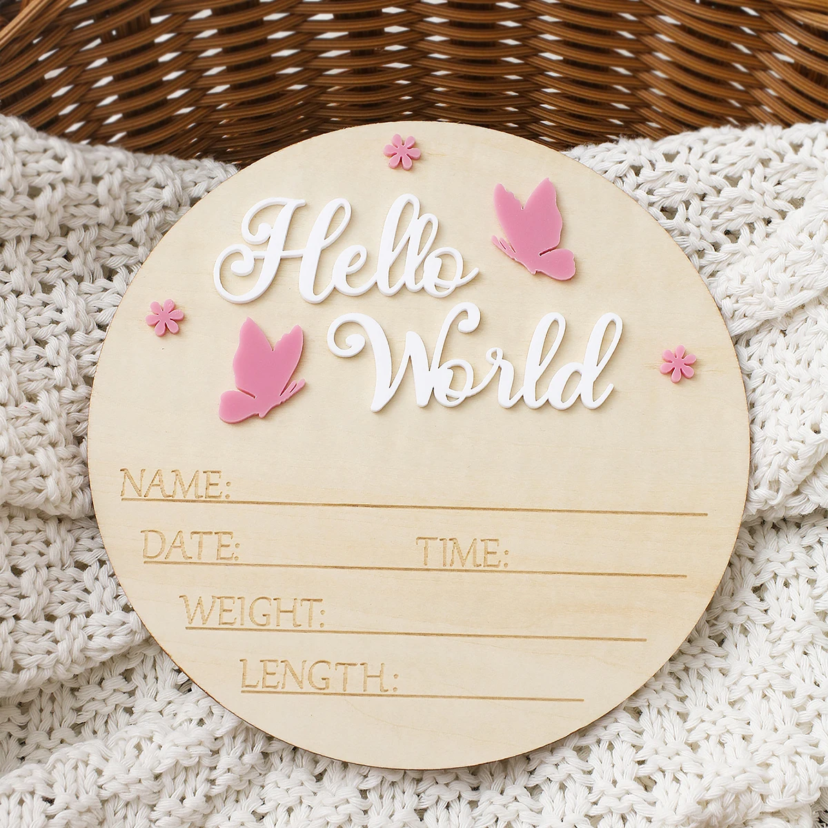 Ylsteed Hello World Newborn Name Sign Wooden Baby Announcement Sign Butterfly Arrival Announcement Sign for Hospital Baby Props