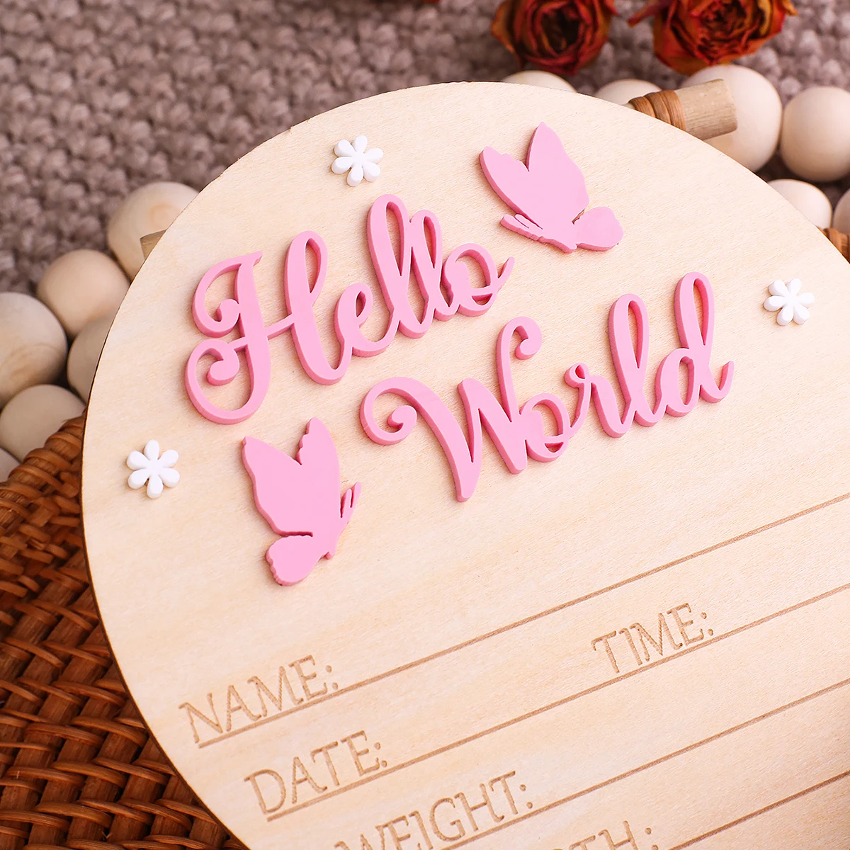 Ylsteed Hello World Newborn Name Sign Wooden Baby Announcement Sign Butterfly Arrival Announcement Sign for Hospital Baby Props