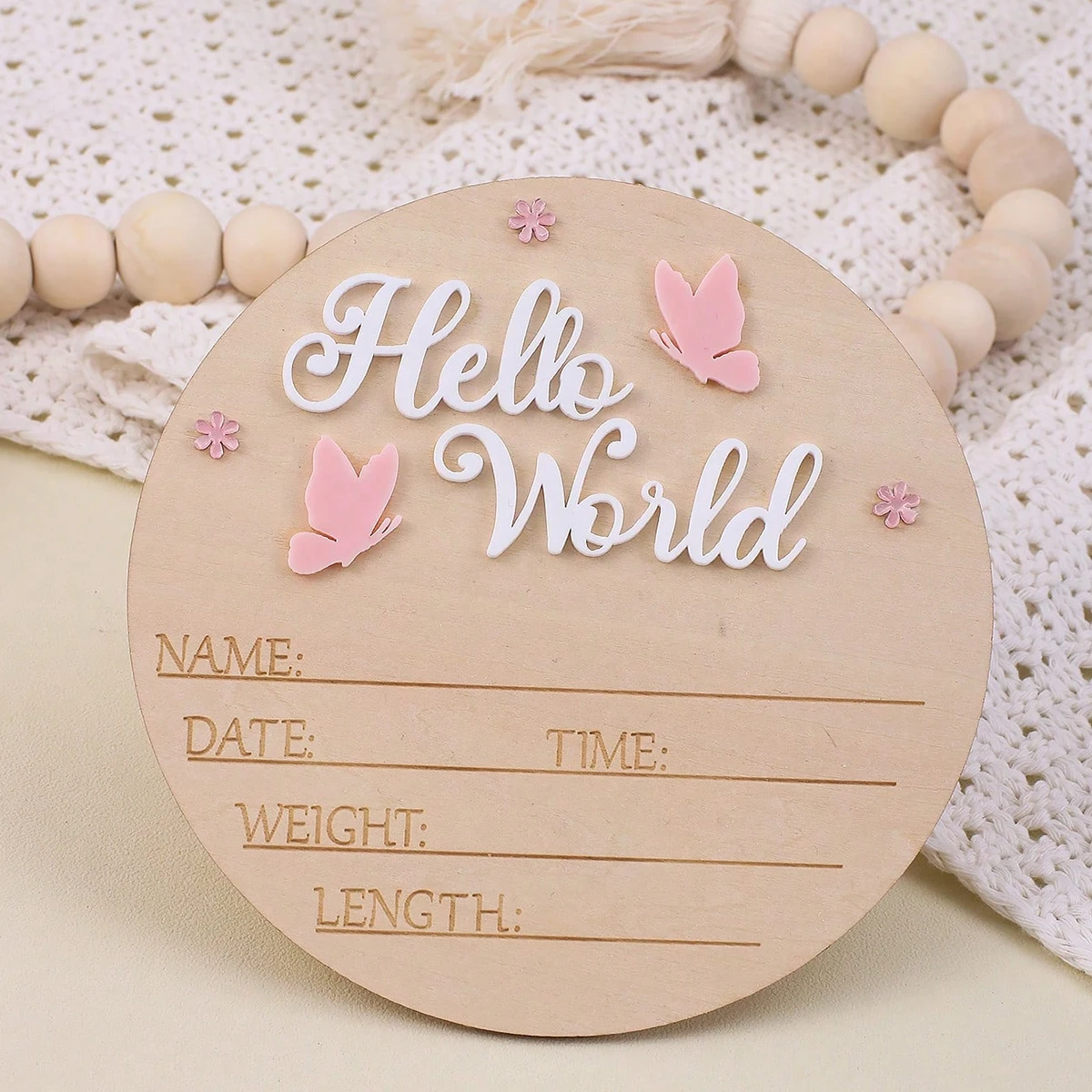 Ylsteed Hello World Newborn Name Sign Wooden Baby Announcement Sign Butterfly Arrival Announcement Sign for Hospital Baby Props