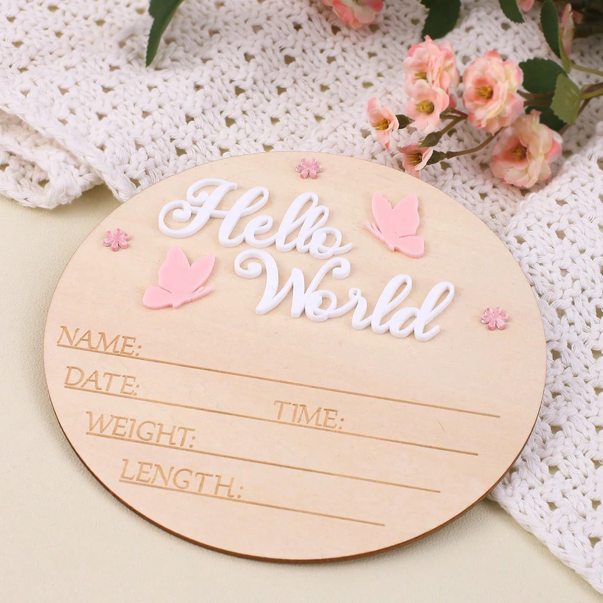 Ylsteed Hello World Newborn Name Sign Wooden Baby Announcement Sign Butterfly Arrival Announcement Sign for Hospital Baby Props
