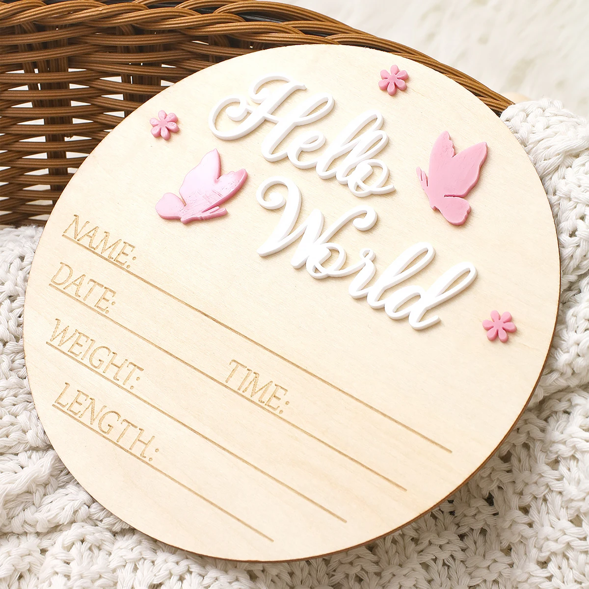 Ylsteed Hello World Newborn Name Sign Wooden Baby Announcement Sign Butterfly Arrival Announcement Sign for Hospital Baby Props