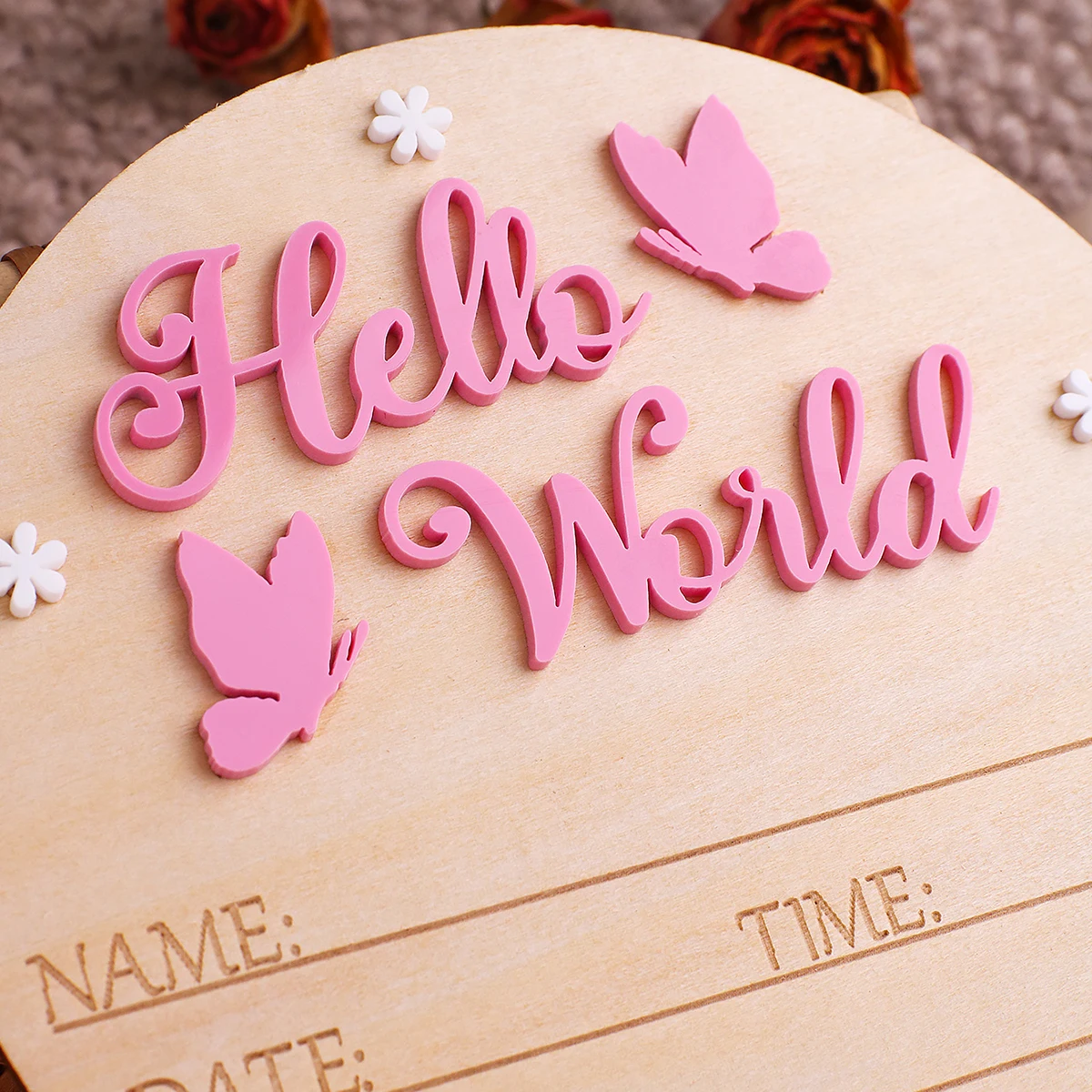 Ylsteed Hello World Newborn Name Sign Wooden Baby Announcement Sign Butterfly Arrival Announcement Sign for Hospital Baby Props
