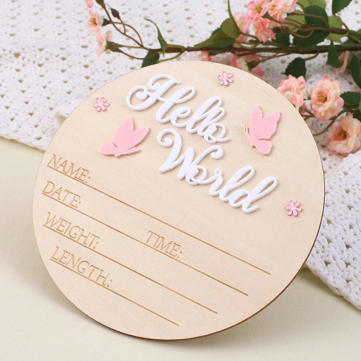 Ylsteed Hello World Newborn Name Sign Wooden Baby Announcement Sign Butterfly Arrival Announcement Sign for Hospital Baby Props