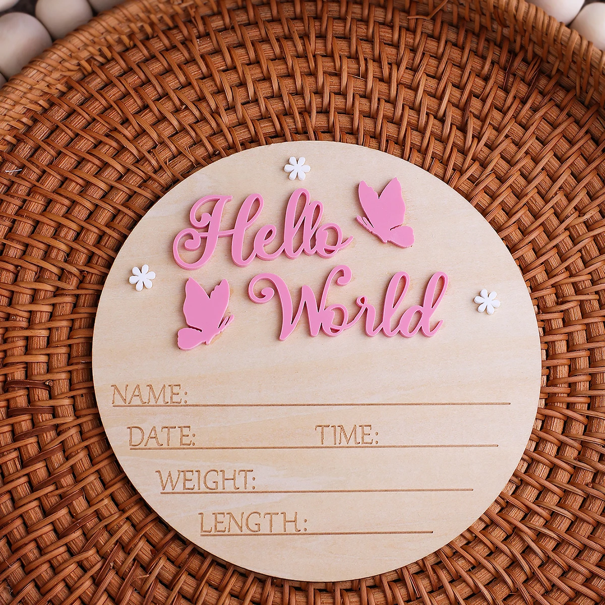 Ylsteed Hello World Newborn Name Sign Wooden Baby Announcement Sign Butterfly Arrival Announcement Sign for Hospital Baby Props