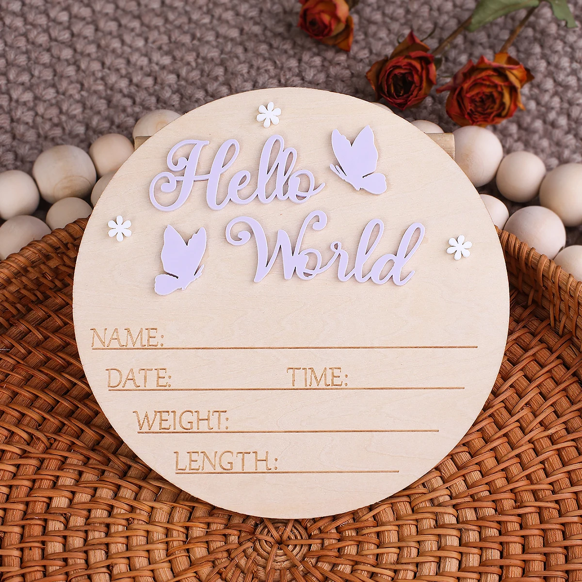Ylsteed Hello World Newborn Name Sign Wooden Baby Announcement Sign Butterfly Arrival Announcement Sign for Hospital Baby Props