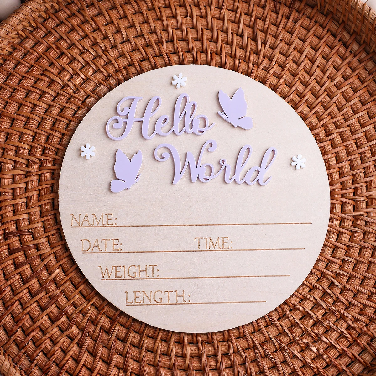 Ylsteed Hello World Newborn Name Sign Wooden Baby Announcement Sign Butterfly Arrival Announcement Sign for Hospital Baby Props