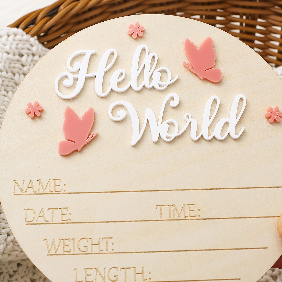 Ylsteed Hello World Newborn Name Sign Wooden Baby Announcement Sign Butterfly Arrival Announcement Sign for Hospital Baby Props