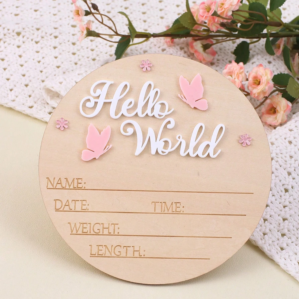 Ylsteed Hello World Newborn Name Sign Wooden Baby Announcement Sign Butterfly Arrival Announcement Sign for Hospital Baby Props