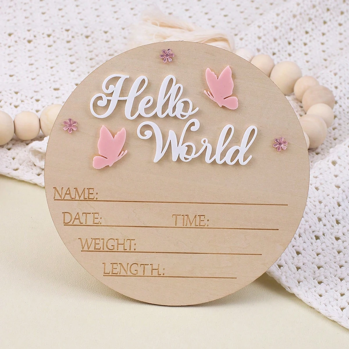 Ylsteed Hello World Newborn Name Sign Wooden Baby Announcement Sign Butterfly Arrival Announcement Sign for Hospital Baby Props