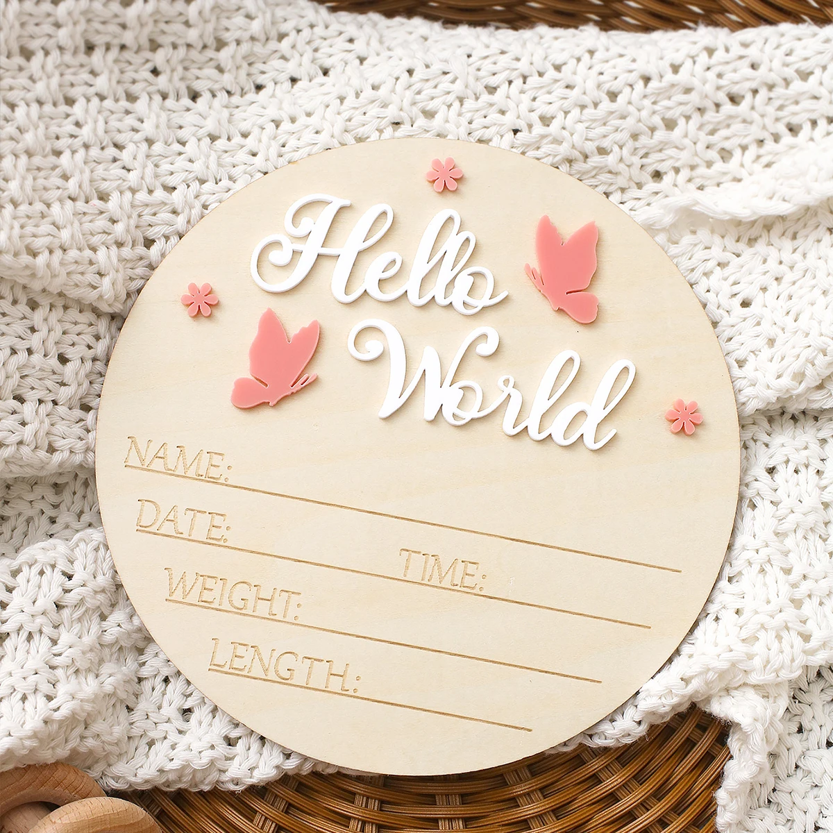 Ylsteed Hello World Newborn Name Sign Wooden Baby Announcement Sign Butterfly Arrival Announcement Sign for Hospital Baby Props