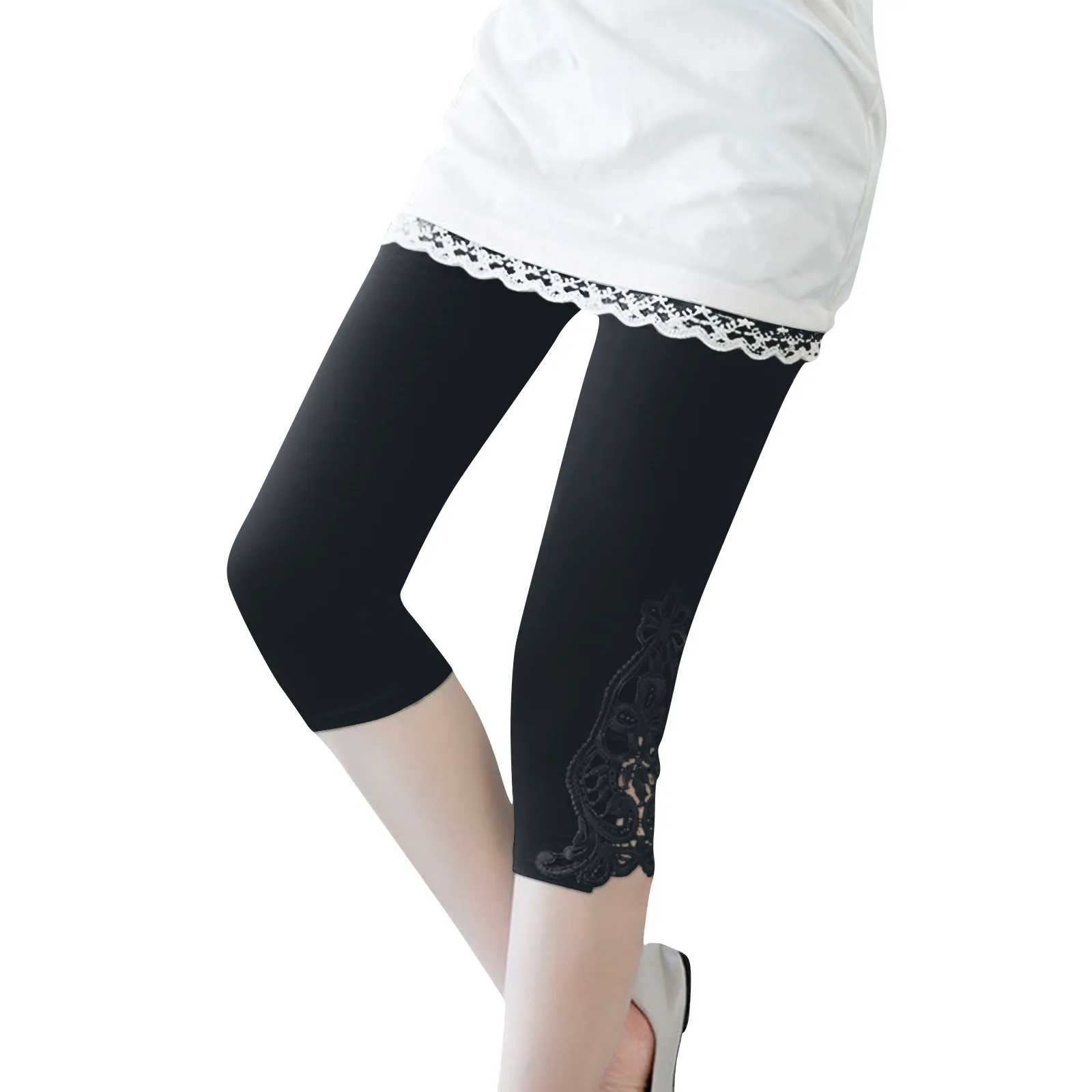 Female Slim Fitting Lace Outer Bottoming Seventh Trousers Casual Comfortable Breathable Black White Gray Summer Versatile Pants