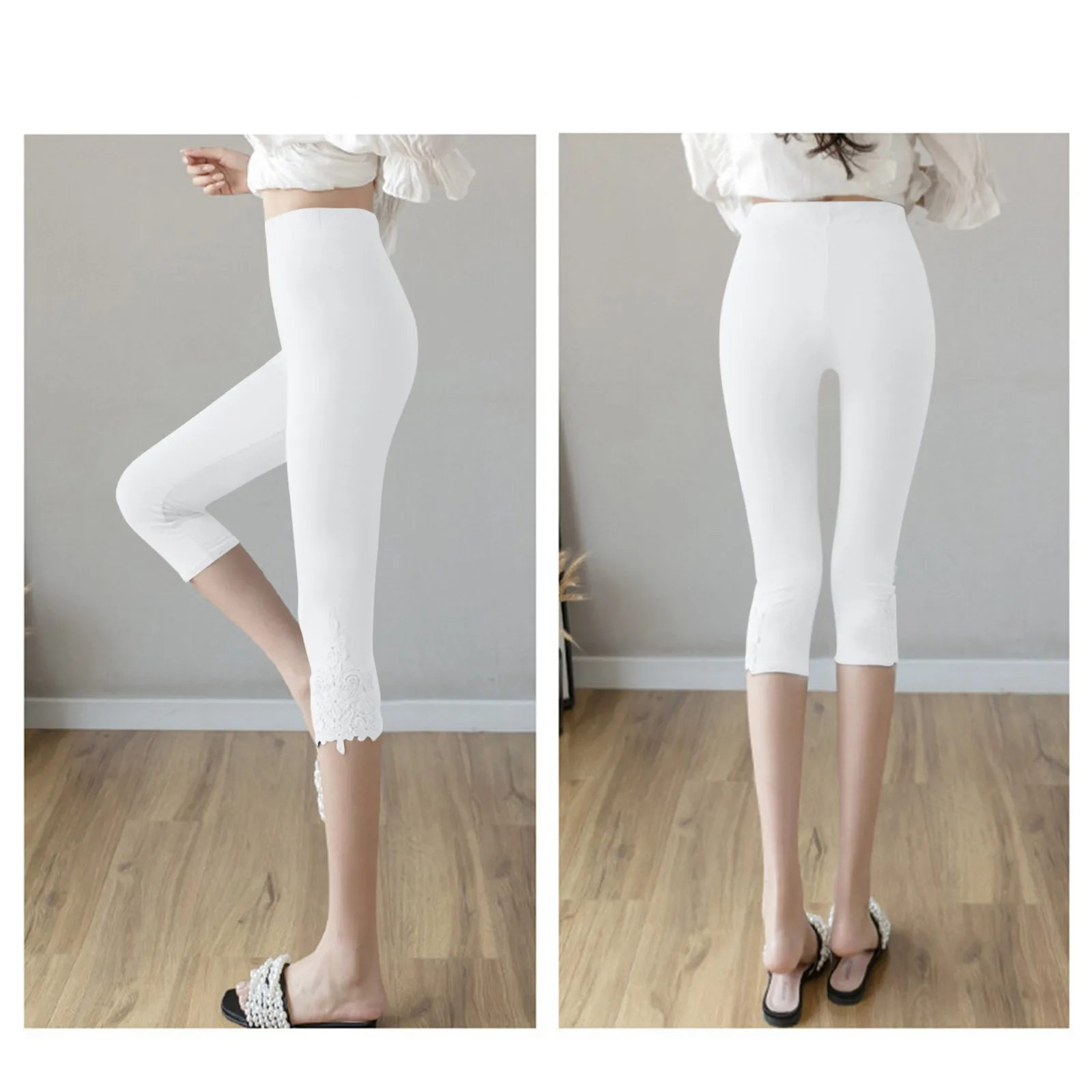Female Slim Fitting Lace Outer Bottoming Seventh Trousers Casual Comfortable Breathable Black White Gray Summer Versatile Pants