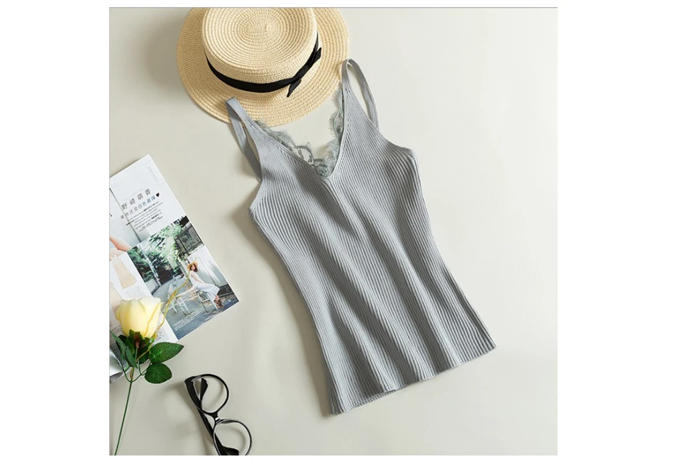 2026 Women Hook Flower Lace Tank solid Stitching V-neck Camis Female Knitted Short Slim Sleeveless Shirt Tank Casual Tops