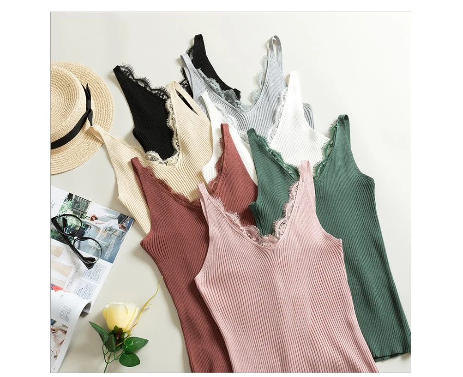 2026 Women Hook Flower Lace Tank solid Stitching V-neck Camis Female Knitted Short Slim Sleeveless Shirt Tank Casual Tops