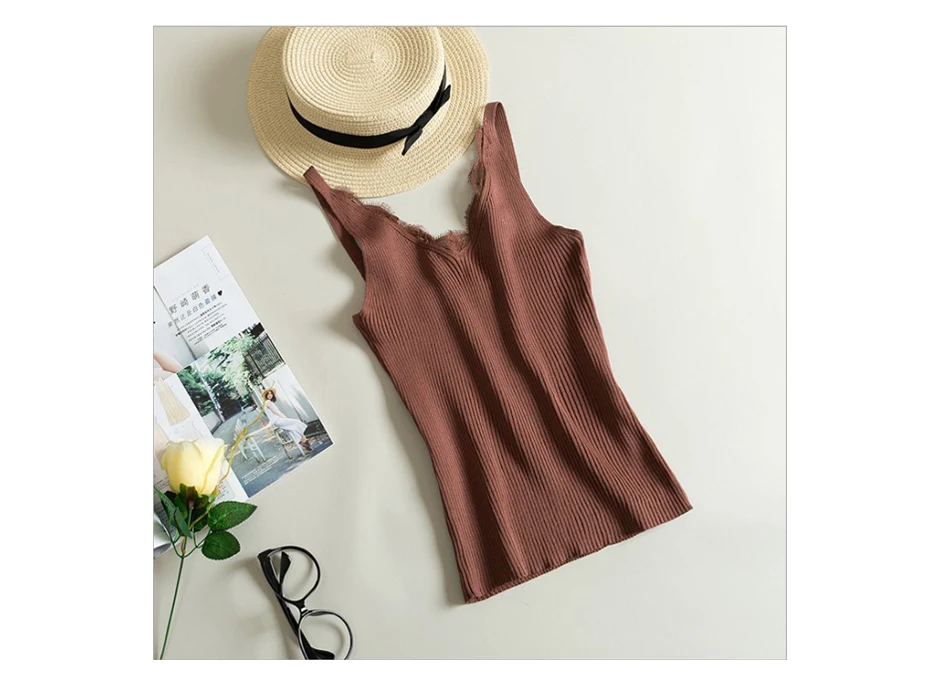 2026 Women Hook Flower Lace Tank solid Stitching V-neck Camis Female Knitted Short Slim Sleeveless Shirt Tank Casual Tops