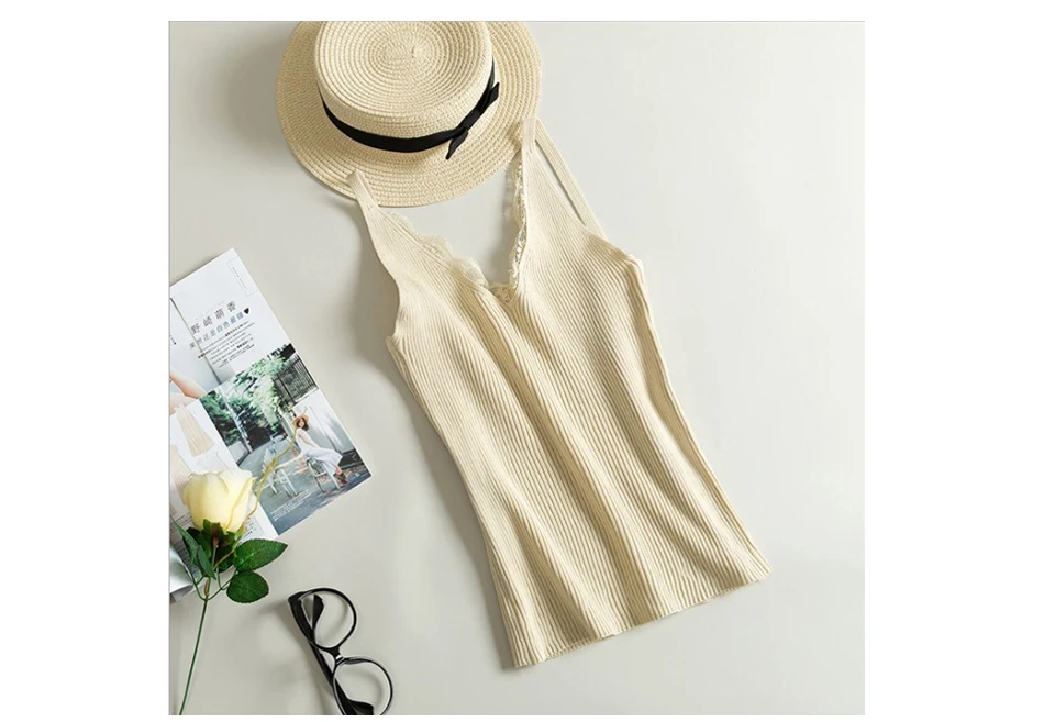 2026 Women Hook Flower Lace Tank solid Stitching V-neck Camis Female Knitted Short Slim Sleeveless Shirt Tank Casual Tops