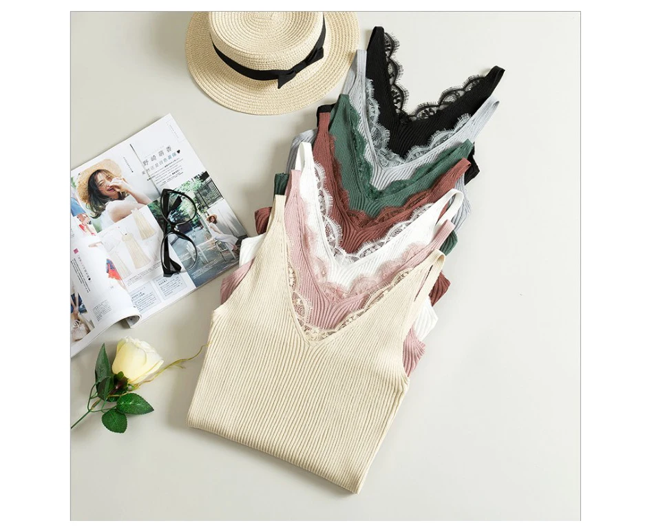 2026 Women Hook Flower Lace Tank solid Stitching V-neck Camis Female Knitted Short Slim Sleeveless Shirt Tank Casual Tops