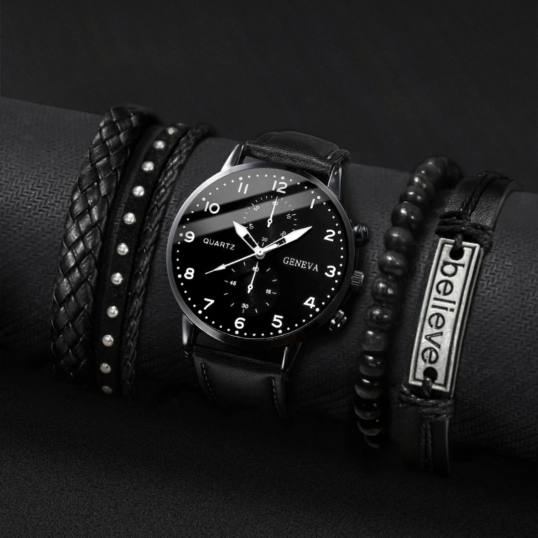 5PCS/Set Men's Business Watches Fashion Arabic Dial Leather Band Quartz Watch Bracelets Set(Without Box)