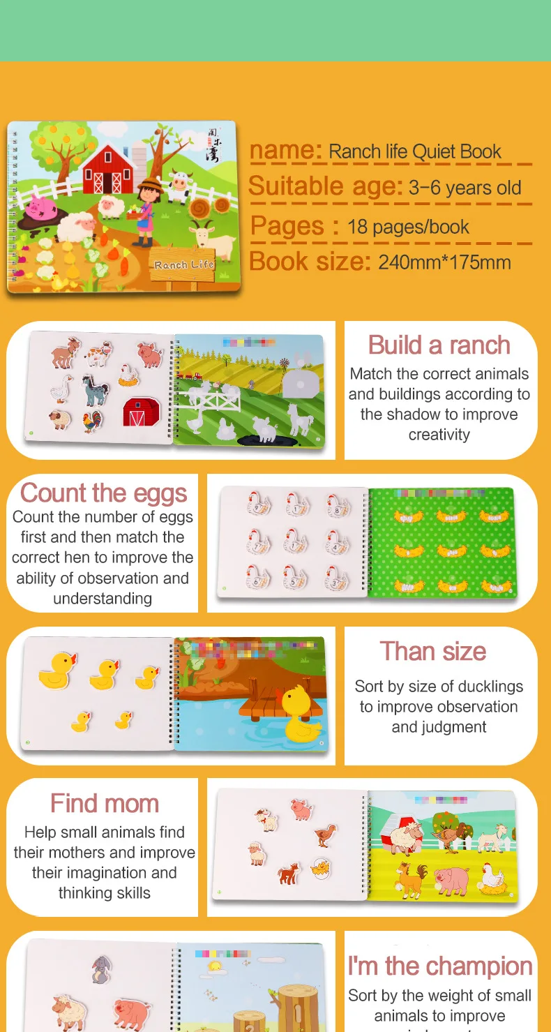 Montessori Baby Busy Sticker Book 3D Farm Life Fruit Car Theme Quiet Book Early Education Learning Fine Motor Training Baby Toy