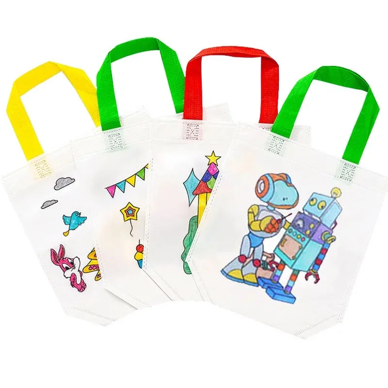 DIY /Coloring Goodie Bags with Coloring Markers Party Gift Bags for Kids Toy Storage Bag Eco Non-Woven Fabric Shopping Bags