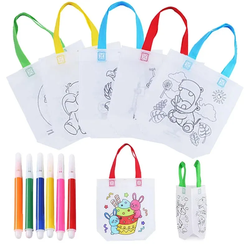 DIY /Coloring Goodie Bags with Coloring Markers Party Gift Bags for Kids Toy Storage Bag Eco Non-Woven Fabric Shopping Bags