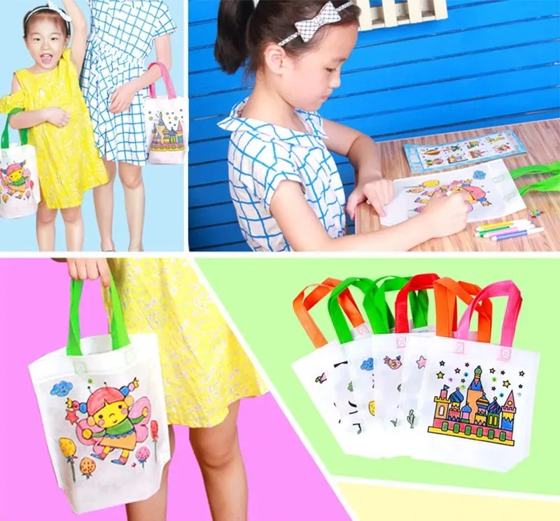 DIY /Coloring Goodie Bags with Coloring Markers Party Gift Bags for Kids Toy Storage Bag Eco Non-Woven Fabric Shopping Bags