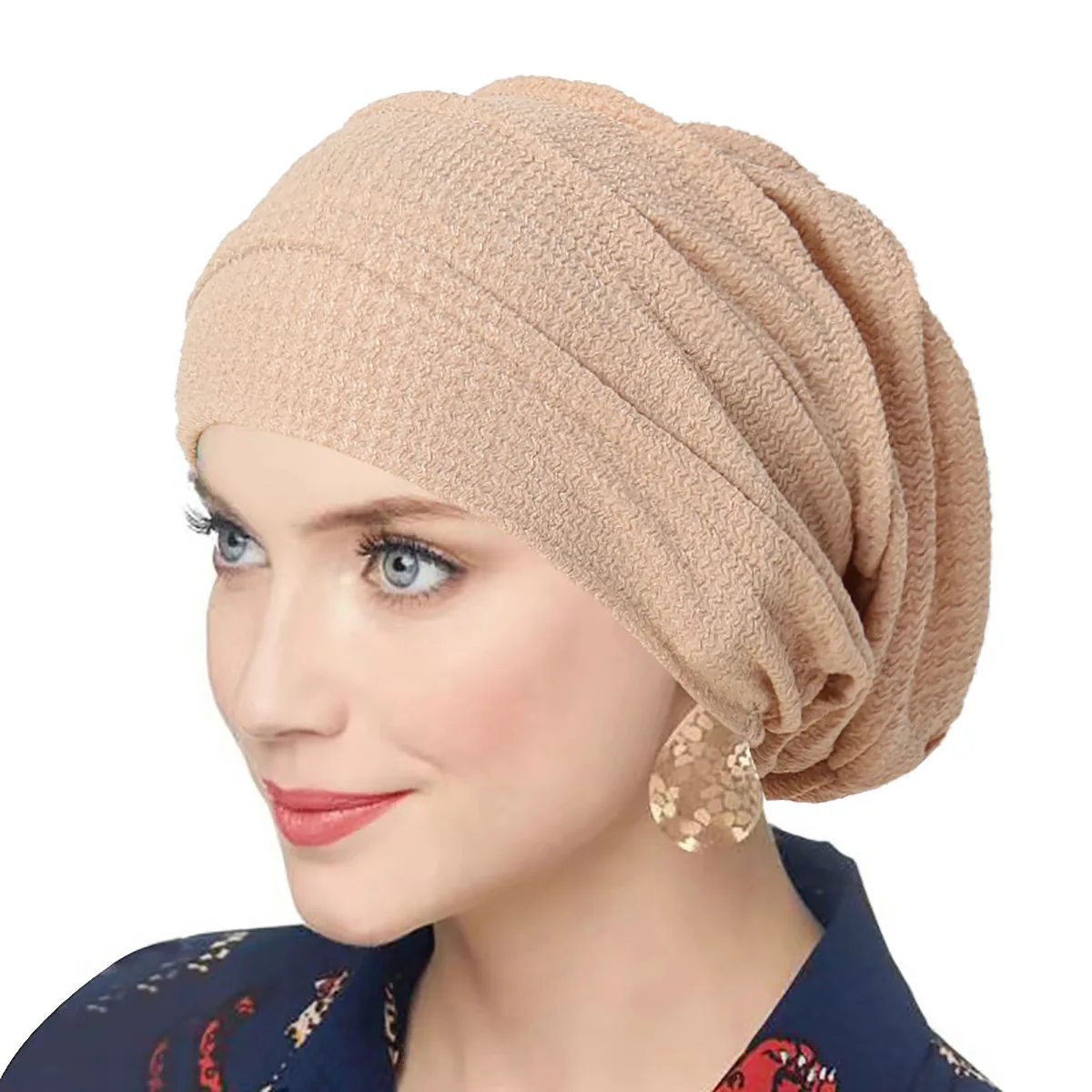 Trendy Crinkle Women's Solid Color Hijab Turban Soft Elastic Indian Bonnet Head Wrap Head Scarf Chemotherapy Cap