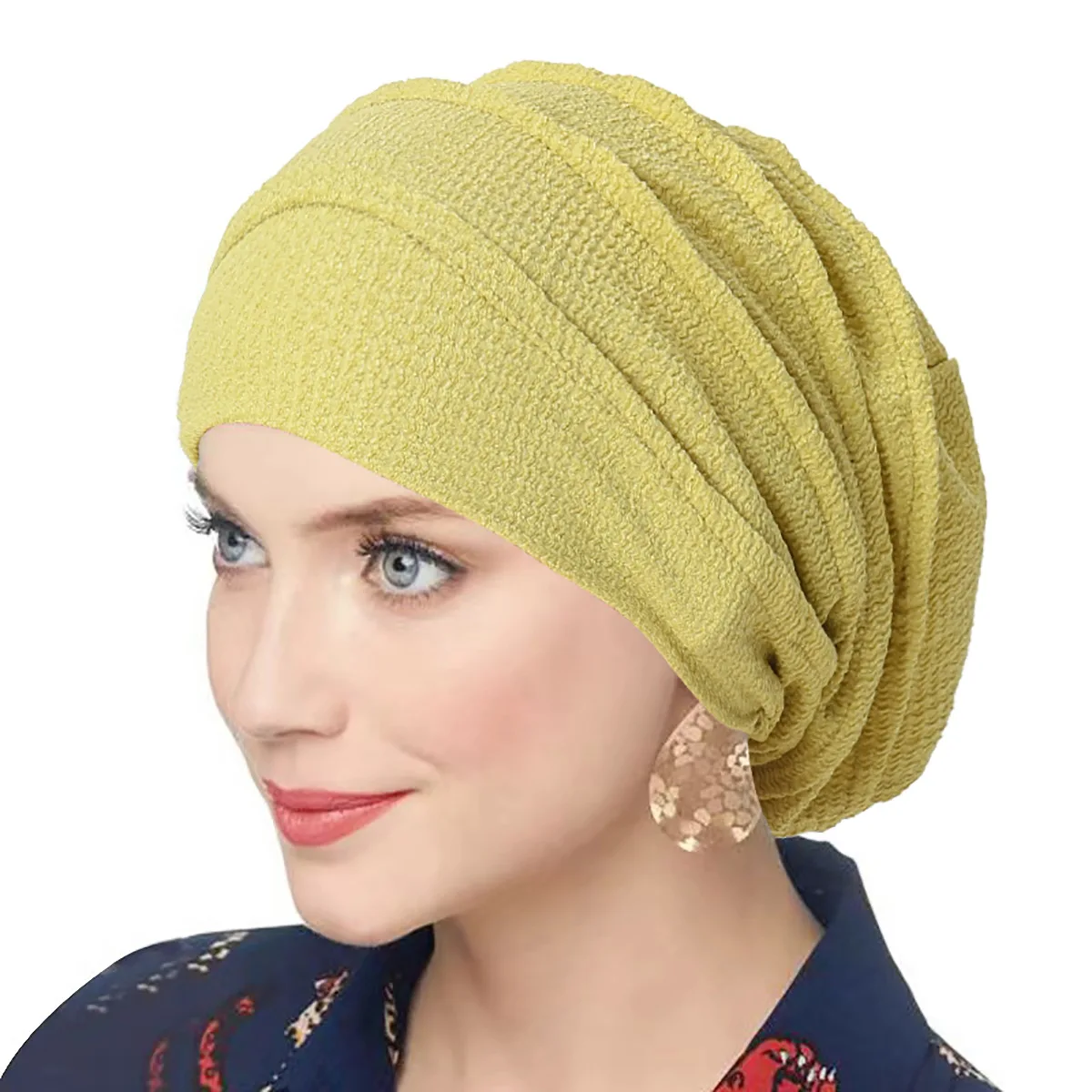 Trendy Crinkle Women's Solid Color Hijab Turban Soft Elastic Indian Bonnet Head Wrap Head Scarf Chemotherapy Cap