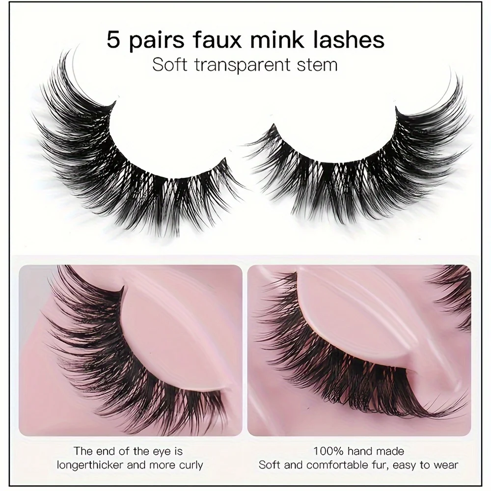 5 Pairs False Eyelashes - Natural Long, Cat Eye Style, Winged Tips, Manga Lashes for Eye Elongation,