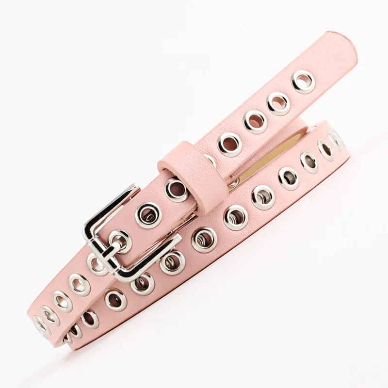 1.4cm Women Trouser Belt Punk Cool Metal Buckle Adjustable Eyelet Leather Fashion Thin Waistband for Jeans Hole Waist Goth Belt