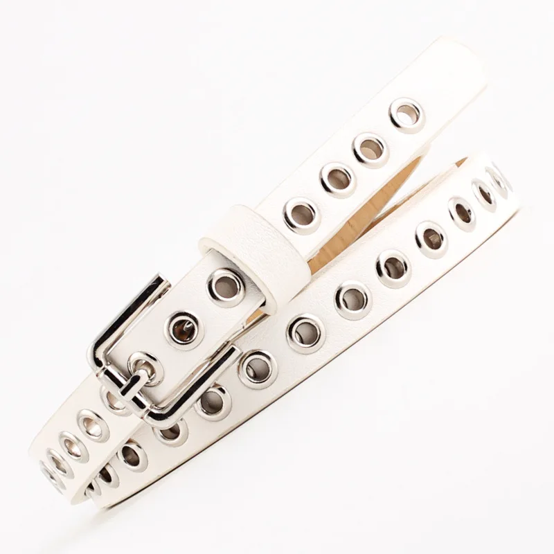 1.4cm Women Trouser Belt Punk Cool Metal Buckle Adjustable Eyelet Leather Fashion Thin Waistband for Jeans Hole Waist Goth Belt