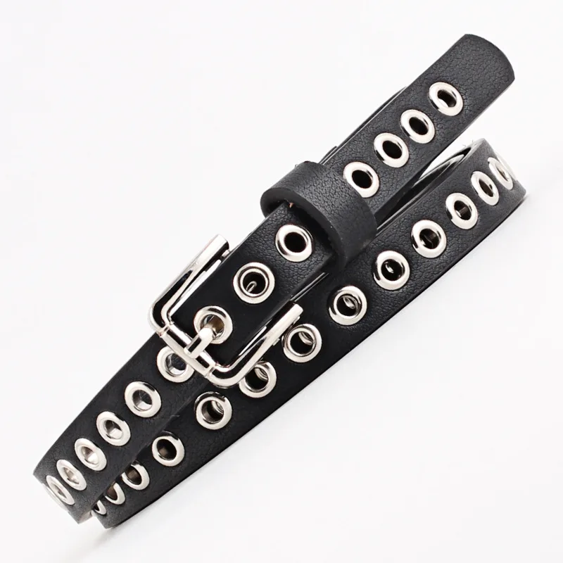 1.4cm Women Trouser Belt Punk Cool Metal Buckle Adjustable Eyelet Leather Fashion Thin Waistband for Jeans Hole Waist Goth Belt