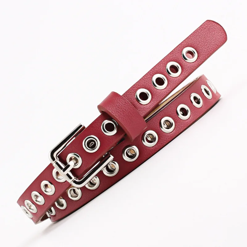 1.4cm Women Trouser Belt Punk Cool Metal Buckle Adjustable Eyelet Leather Fashion Thin Waistband for Jeans Hole Waist Goth Belt